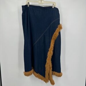 Womens Y2K Denim Skirt Size 2X Faux Fur Trim Boho Festival Eclectic Indie Sleaze